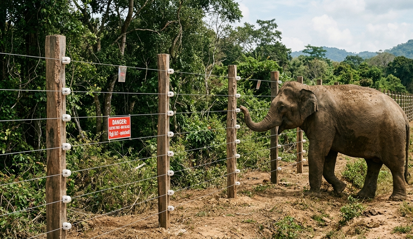 Elephant beside a high-tensile electric fence protecting farmland